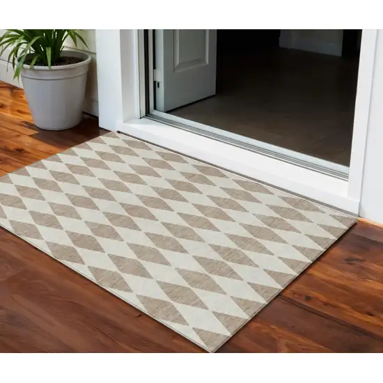 Taupe Geometric Washable Indoor Outdoor Area Rug Photo 1