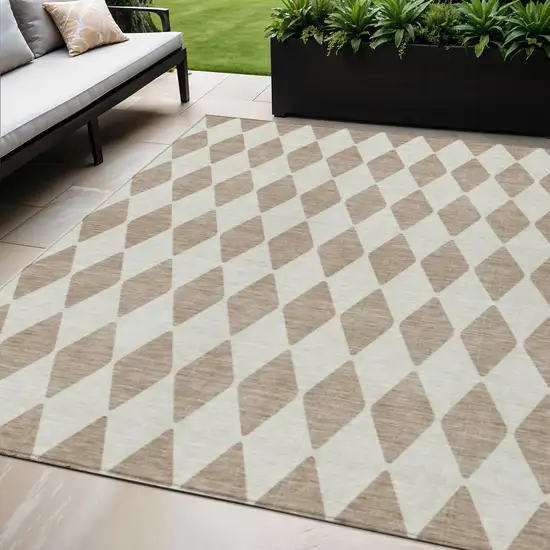 Taupe Geometric Washable Indoor Outdoor Area Rug Photo 1