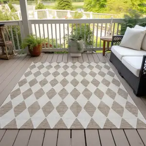 Photo of Taupe Geometric Washable Indoor Outdoor Area Rug