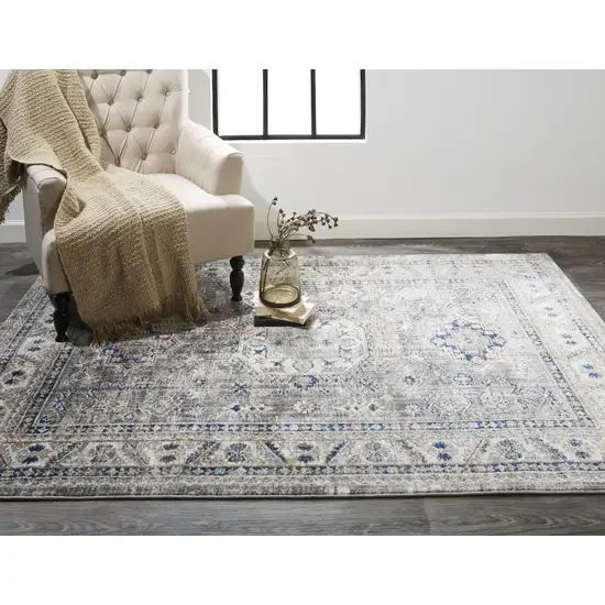 Taupe Gray And Blue Floral Stain Resistant Area Rug Photo 7