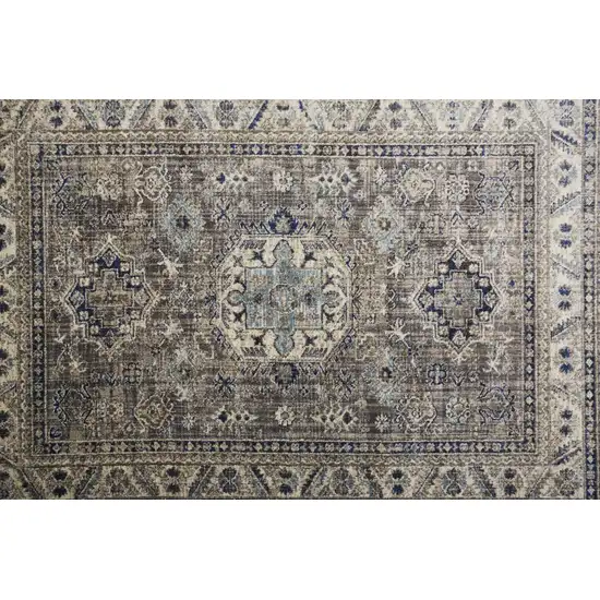 Taupe Gray And Blue Floral Stain Resistant Area Rug Photo 6