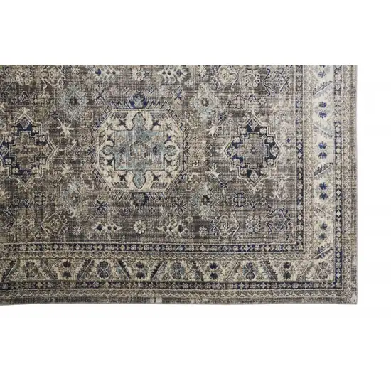 Taupe Gray And Blue Floral Stain Resistant Area Rug Photo 3