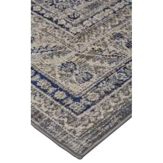 Taupe Gray And Blue Floral Stain Resistant Area Rug Photo 5