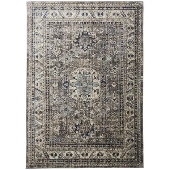 Taupe Gray And Blue Floral Stain Resistant Area Rug Photo 1