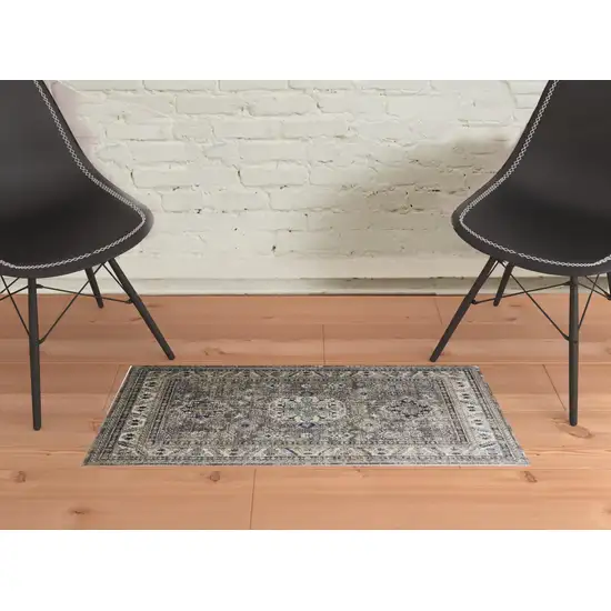 Taupe Gray And Blue Floral Stain Resistant Area Rug Photo 4