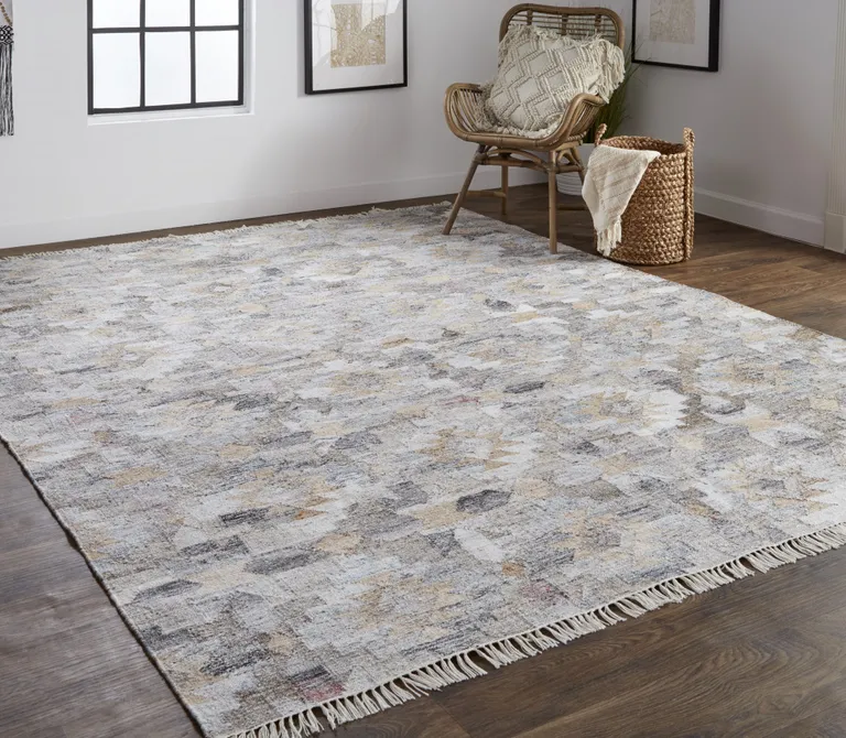 Taupe Gray And Blue Geometric Hand Woven Stain Resistant Area Rug With Fringe Photo 5