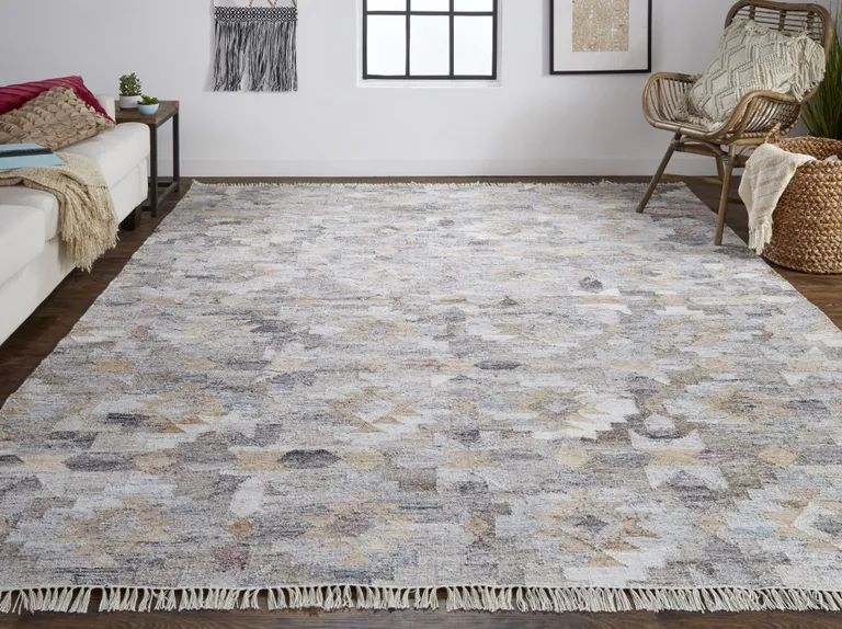 Taupe Gray And Blue Geometric Hand Woven Stain Resistant Area Rug With Fringe Photo 4