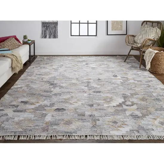 Taupe Gray And Blue Geometric Hand Woven Stain Resistant Area Rug With Fringe Photo 4