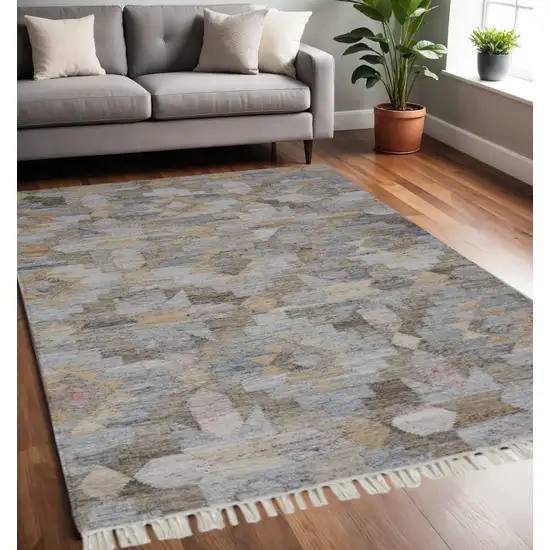 Gray and Blue Geometric Hand Woven Area Rug With Fringe Photo 1