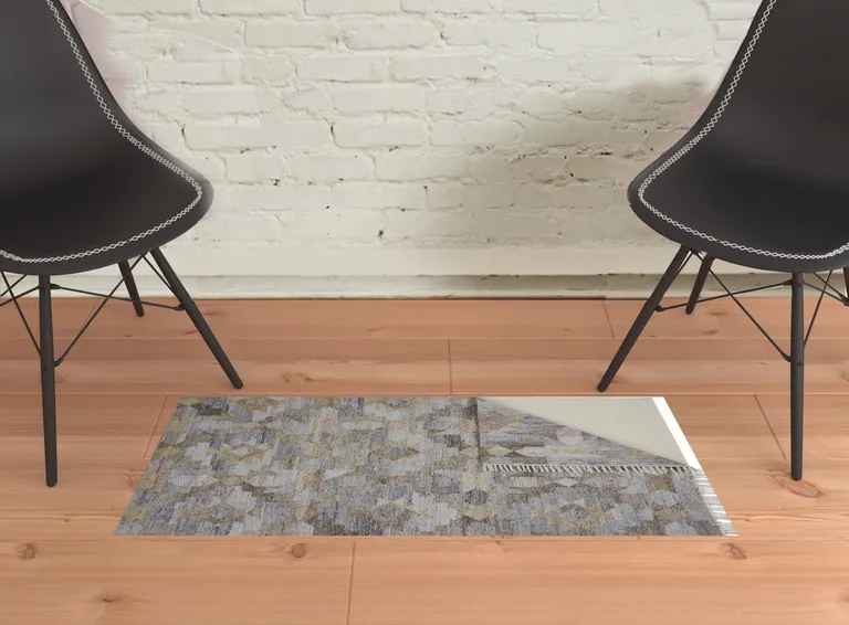 Taupe Gray And Blue Geometric Hand Woven Stain Resistant Area Rug With Fringe Photo 3