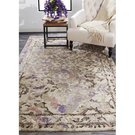 Taupe Gray And Purple Wool Abstract Tufted Handmade Stain Resistant Area Rug Photo 7