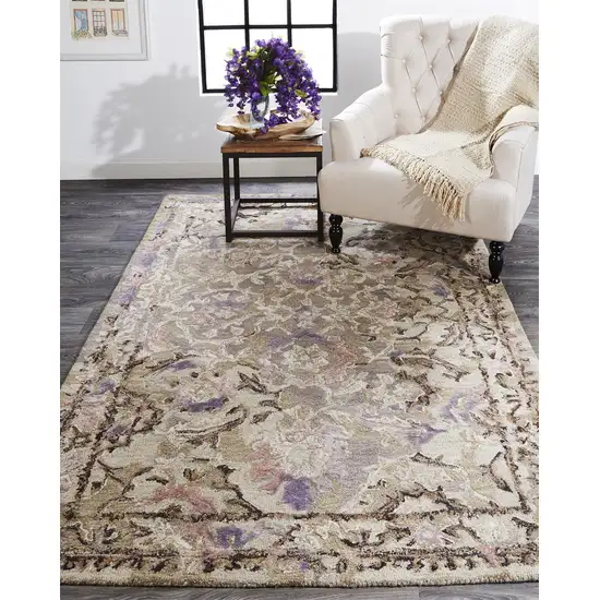 Taupe Gray And Purple Wool Abstract Tufted Handmade Stain Resistant Area Rug Photo 6