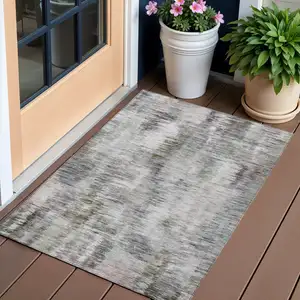 Photo of Taupe Gray And Silver Abstract Washable Indoor Outdoor Area Rug