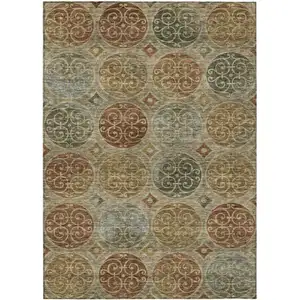 Photo of Taupe Green And Gold Trellis Washable Indoor Outdoor Area Rug