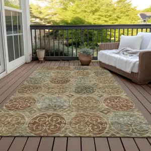 Photo of Taupe Green And Gold Trellis Washable Indoor Outdoor Area Rug