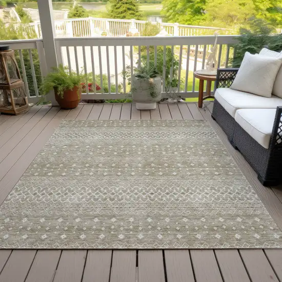 Taupe Green And Ivory Tribal Washable Indoor Outdoor Area Rug Photo 9