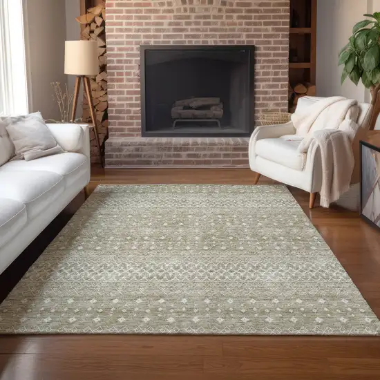 Taupe Green And Ivory Tribal Washable Indoor Outdoor Area Rug Photo 8