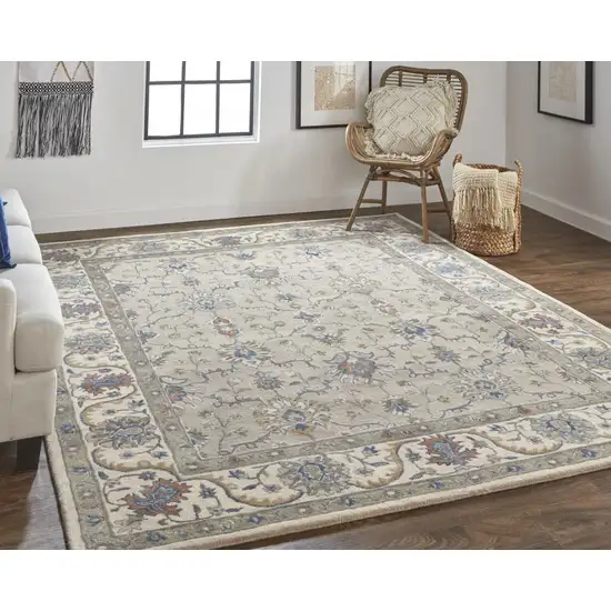 Taupe Ivory And Blue Wool Floral Tufted Handmade Stain Resistant Area Rug Photo 7