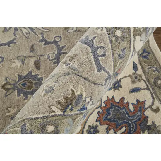 Taupe Ivory And Blue Wool Floral Tufted Handmade Stain Resistant Area Rug Photo 9