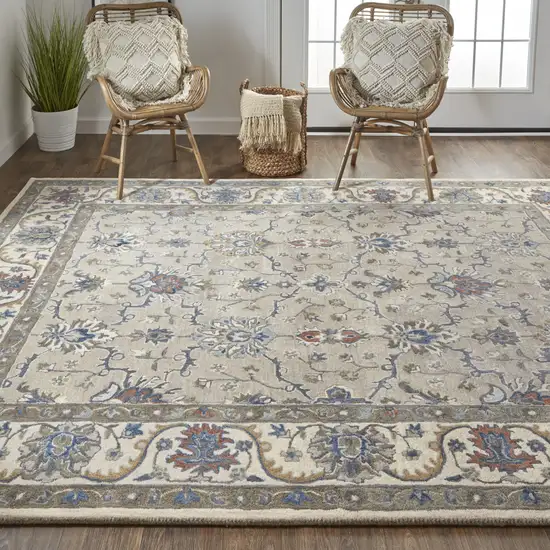 Taupe Ivory And Blue Wool Floral Tufted Handmade Stain Resistant Area Rug Photo 8