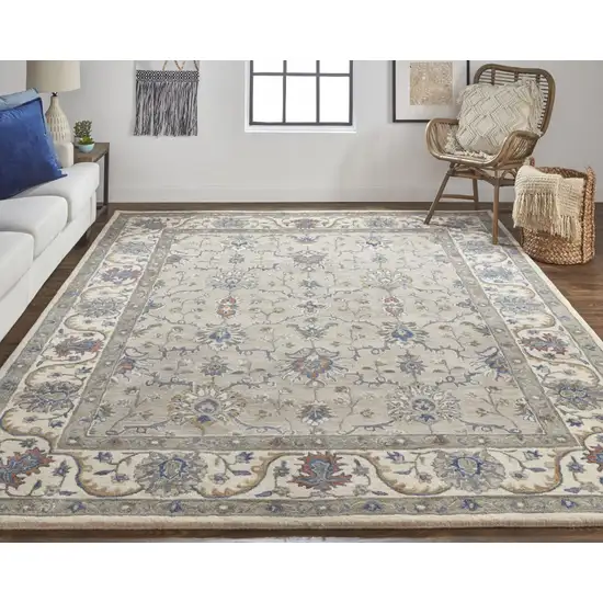 Taupe Ivory And Blue Wool Floral Tufted Handmade Stain Resistant Area Rug Photo 6