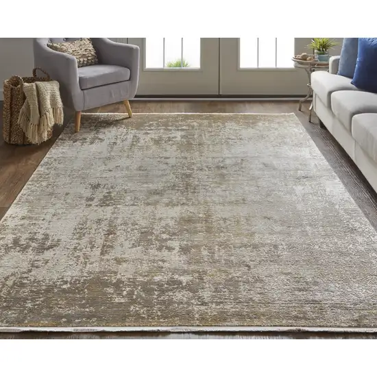 Taupe Ivory And Gold Abstract Area Rug With Fringe Photo 4