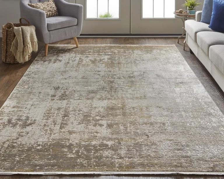 Taupe Ivory And Gold Abstract Area Rug With Fringe Photo 4