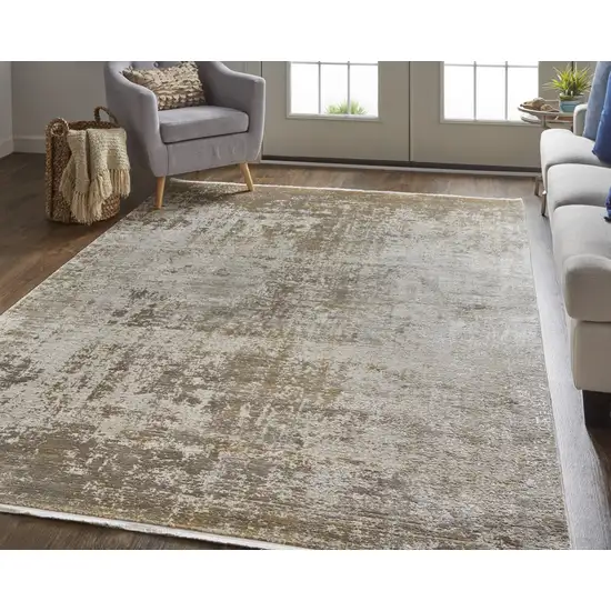 Taupe Ivory And Gold Abstract Area Rug With Fringe Photo 5