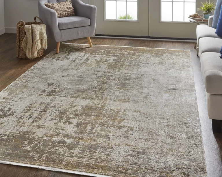 Taupe Ivory And Gold Abstract Area Rug With Fringe Photo 5