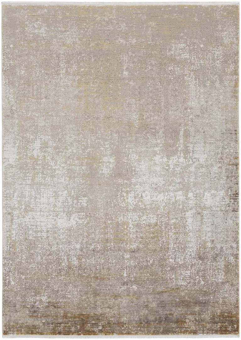 Taupe Ivory And Gold Abstract Area Rug With Fringe Photo 1