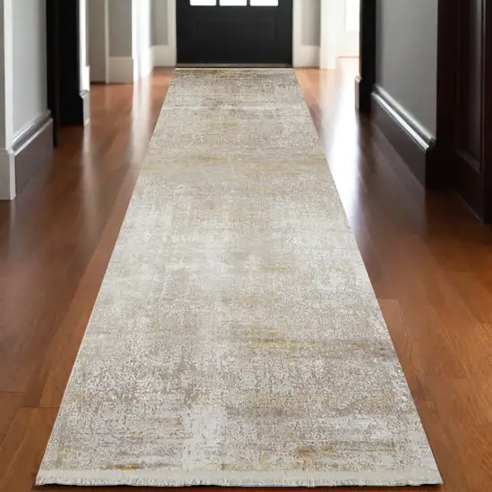 3' X 10' Taupe Ivory And Gold Abstract Runner Rug With Fringe Photo 1