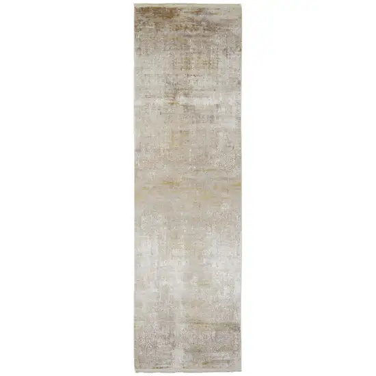 Taupe Ivory And Gold Abstract Runner Rug With Fringe Photo 1