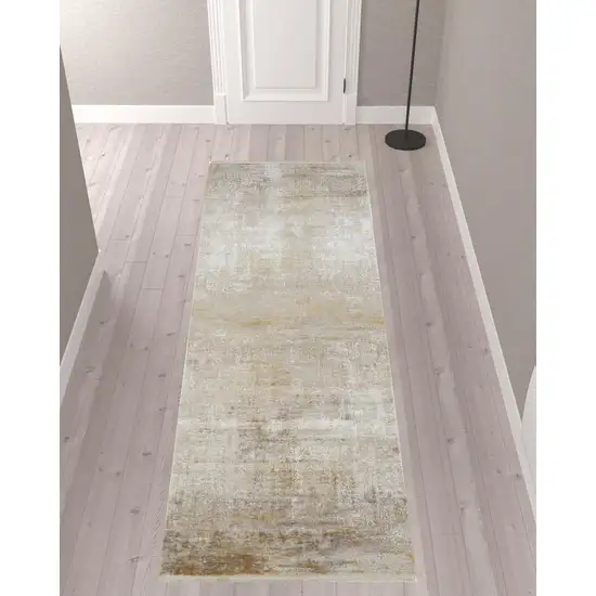 Taupe Ivory And Gold Abstract Runner Rug With Fringe Photo 2