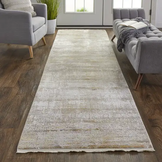 Taupe Ivory And Gold Abstract Runner Rug With Fringe Photo 4