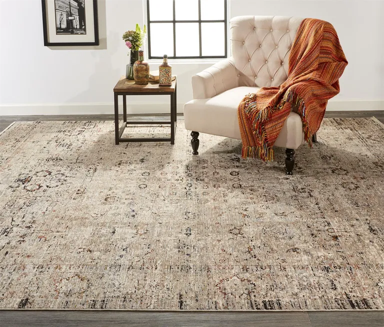 Taupe Ivory And Gray Abstract Distressed Area Rug With Fringe Photo 2