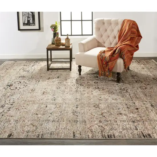 Taupe Ivory And Gray Abstract Distressed Area Rug With Fringe Photo 2