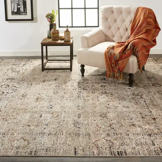 Taupe Ivory And Gray Abstract Distressed Area Rug With Fringe Photo 7