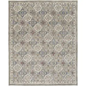 Photo of Taupe Ivory And Red Wool Patchwork Tufted Handmade Stain Resistant Area Rug