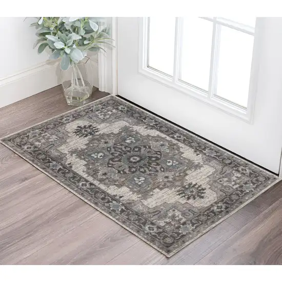 Ivory Taupe and Gray Medallion Power Loom Area Rug Photo 1