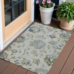 Photo of Taupe Navy Blue And Denim Blue Floral Washable Indoor Outdoor Area Rug