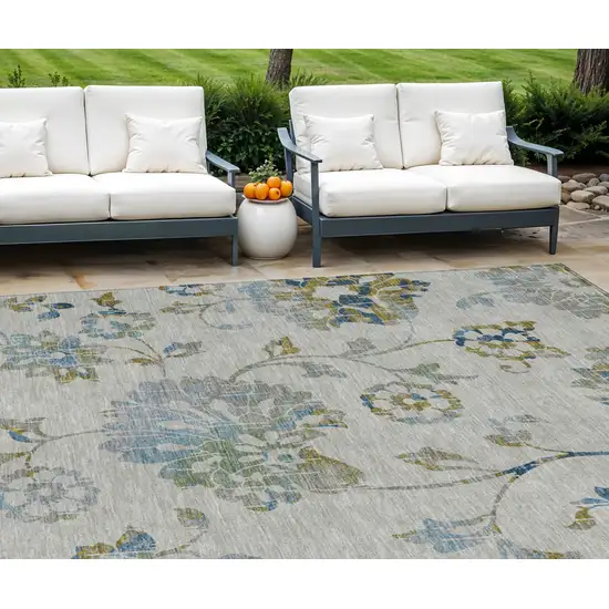 Taupe Navy Blue And Denim Blue Floral Washable Indoor Outdoor Area Rug Photo 1