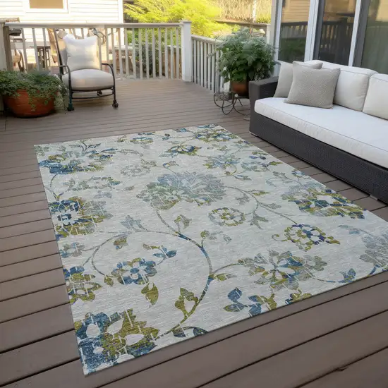 Taupe Navy Blue And Denim Blue Floral Washable Indoor Outdoor Area Rug Photo 9