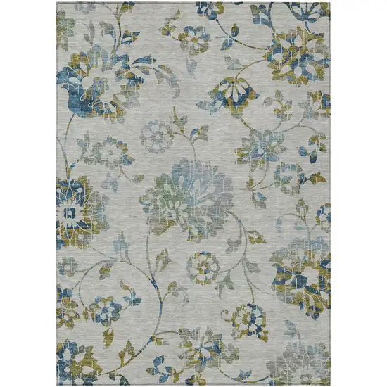 Taupe Navy Blue And Denim Blue Floral Washable Indoor Outdoor Area Rug Photo 2