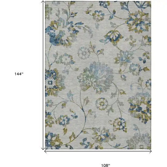 Taupe Navy Blue And Denim Blue Floral Washable Indoor Outdoor Area Rug Photo 3