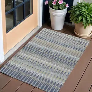 Photo of Taupe Navy Blue And Denim Blue Southwestern Washable Indoor Outdoor Area Rug