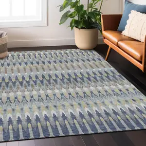 Photo of Taupe Navy Blue And Denim Blue Southwestern Washable Indoor Outdoor Area Rug