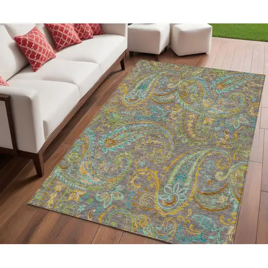 Taupe Paisley Washable Non Skid Indoor Outdoor Area Rug Photo 1