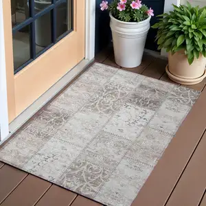 Photo of Taupe Patchwork Washable Non Skid Area Rug With UV Protection