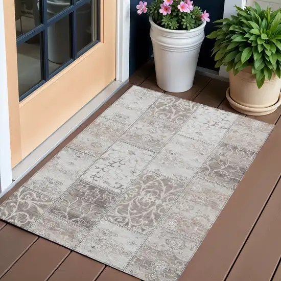 Taupe Patchwork Washable Non Skid Area Rug With UV Protection Photo 1