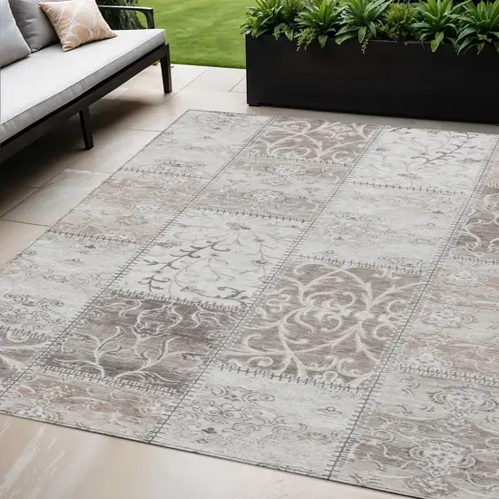 Taupe Patchwork Distressed Washable Indoor Outdoor Area Rug Photo 1